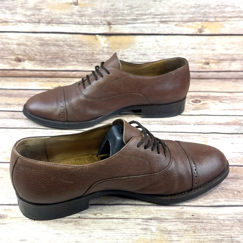 Lorenzi Mens Brown Pebbled Italian Leather Cap Toe Oxford Dress Shoes Size 8